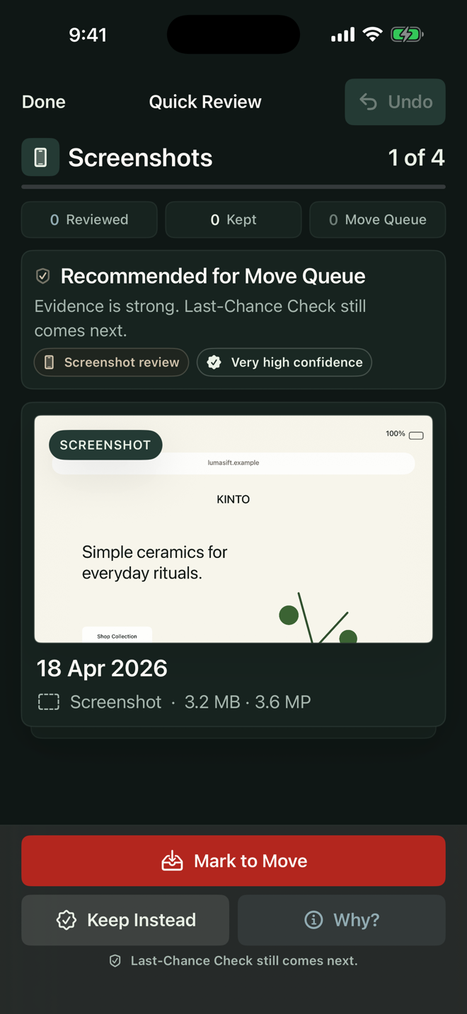 LumaSift Quick Review in dark mode showing a high-confidence recommendation with a Why explanation and a Last-Chance Check